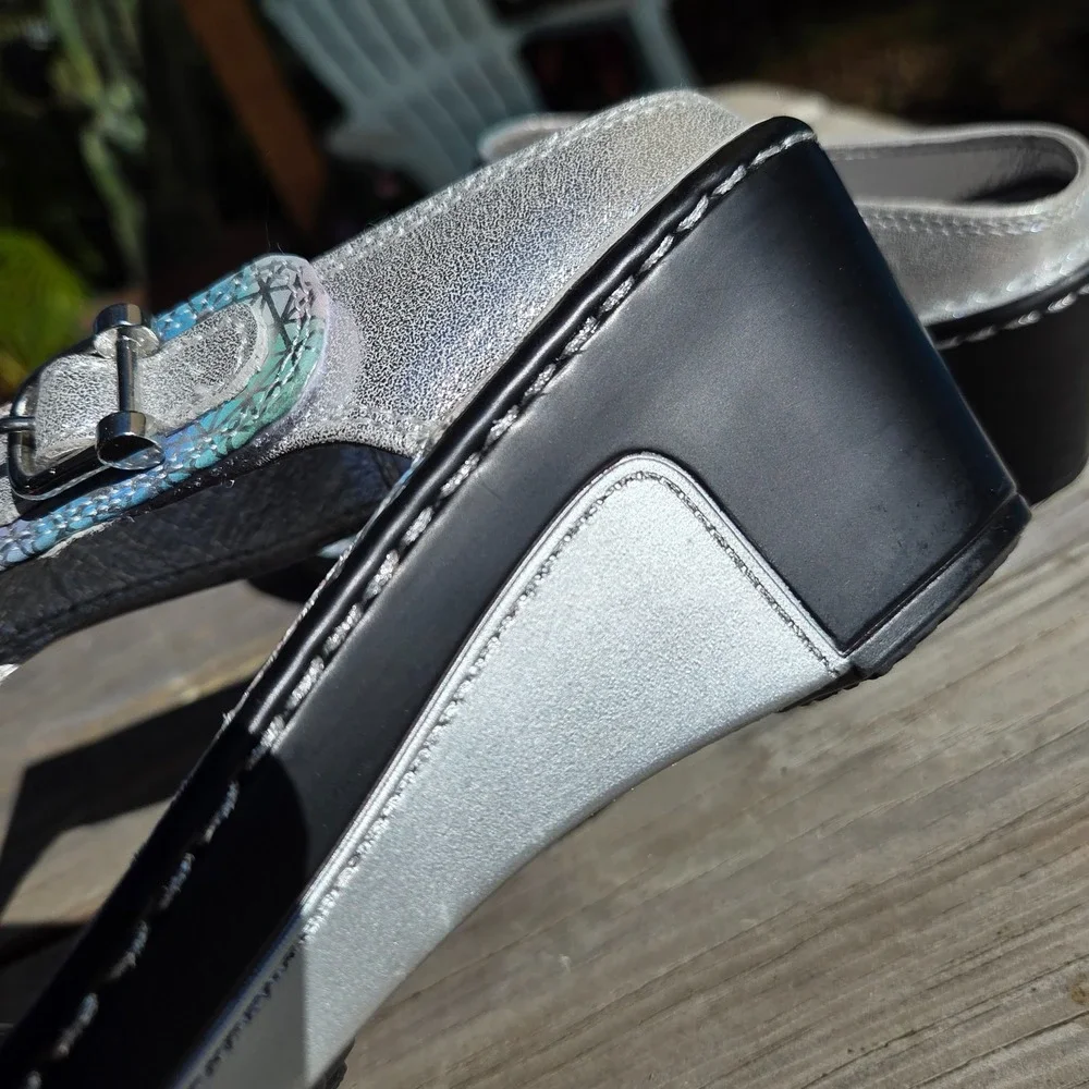 Alegria LAR620 Lara Pretty Baby Rainbow Silver Leather Sandals‎ Women 6-6.5 36